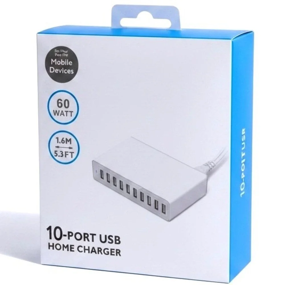 10-Port USB Home Charger 60W Multi-Device Charging Station Hub 5.3ft Cord White